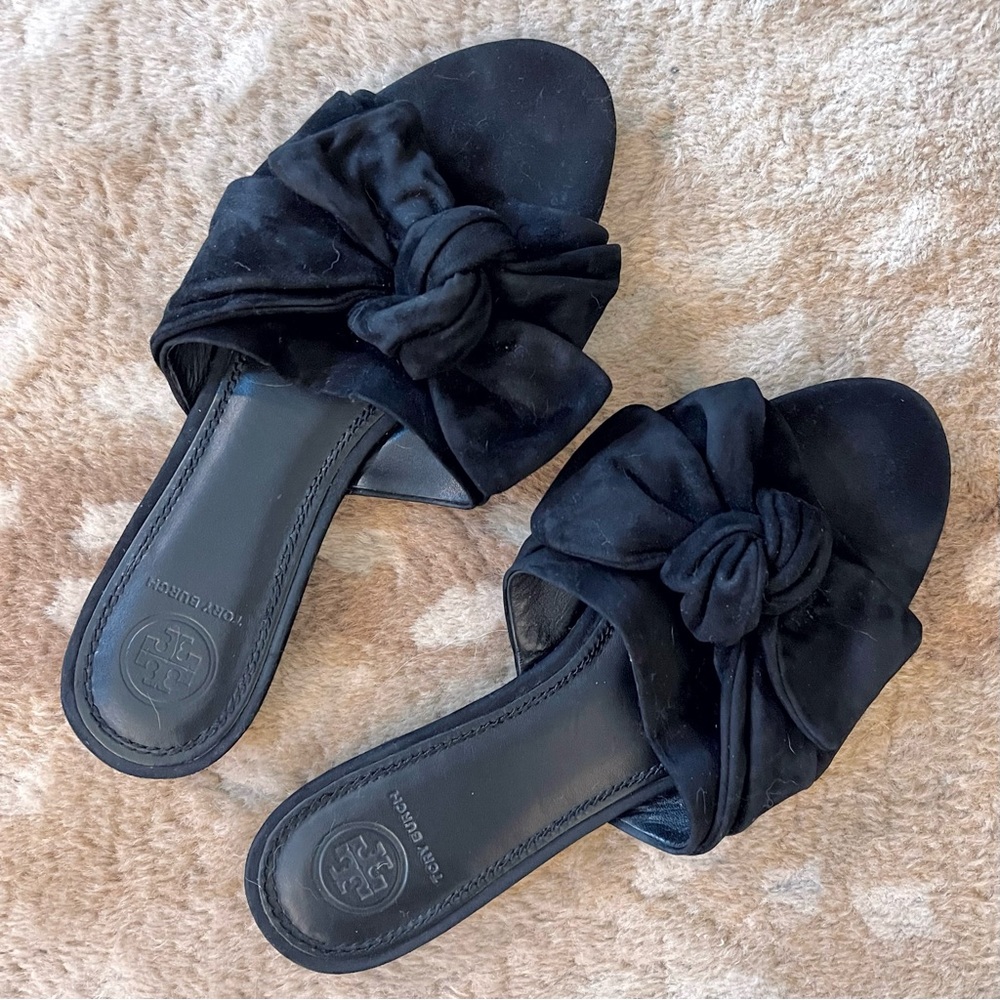 Tory Burch Annabelle Suede Leather Bow Open Toe Slide Sandals In Black Size 7